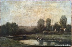 Arte: Alexandre Ségé (1819-1885) Francés Pintor Escuela Barbizón Campesina Óleo tabla Paisaje Bretón